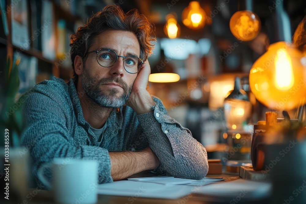 Poster a man is sitting at a table with a cup of coffee in front of him