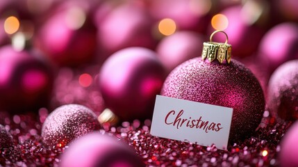 A festive display of sparkling pink Christmas ornaments with a focus on a single glittery bauble and a card that reads Christmas amidst a backdrop of holiday lights