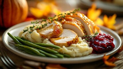 A Thanksgiving dinner plate with turkey slices, fluffy mashed potatoes covered in gravy, crisp green beans, and a serving of cranberry sauce.
