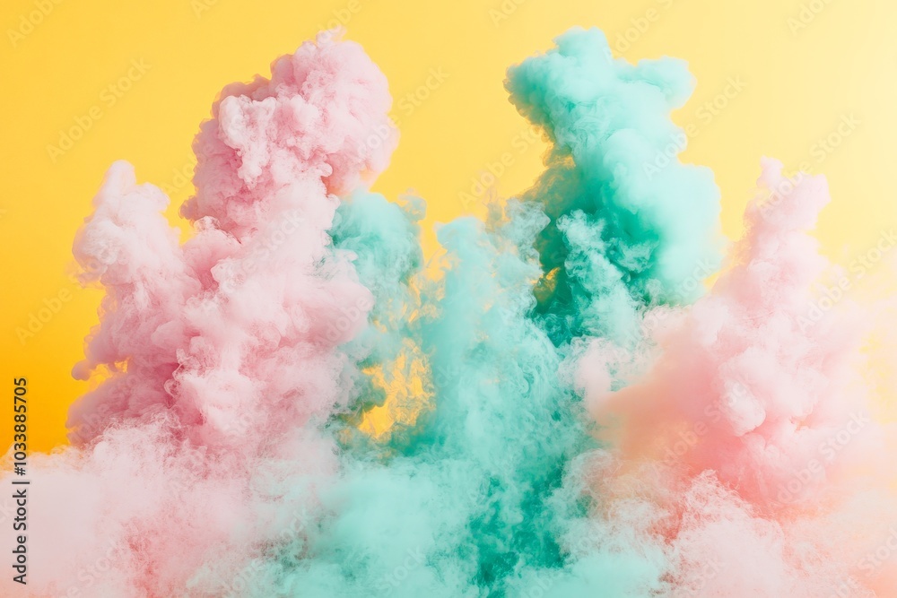 Poster explosive clouds in pastel shades of pink and green rise boldly in a vibrant yellow environment, cre