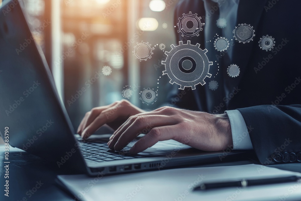 Poster In this automated business process workflow optimization concept, a businessman uses his laptop with an automation icon displayed on a virtual screen.