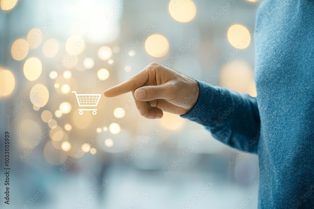 Poster the growth of sales volume in e-commerce is shown by a businessman touching a virtual screen with a 