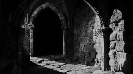 Fototapeta premium Gothic Stone Arch with Deep Shadows - Mystical and Ancient Architecture for Design Projects