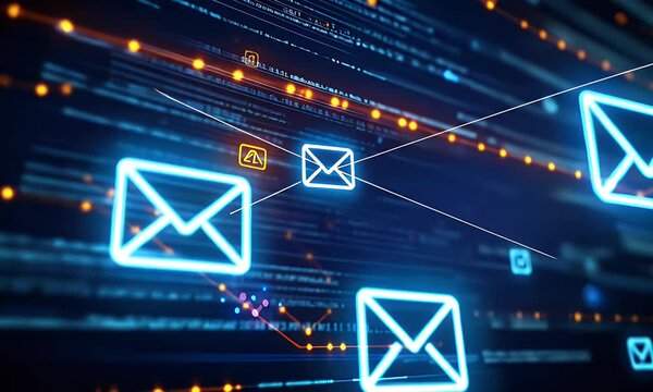 Inexplicable virtual tabletop, close-up of icons floating above in the air showing an email network connection between multiple people on a digital screen,