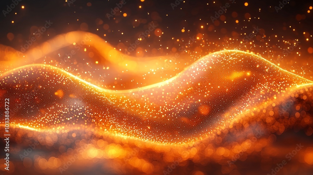Poster It contains soft glows and subtle bokeh, adding depth and dimension to the design. It features flowing lines in shades of orange and yellow.