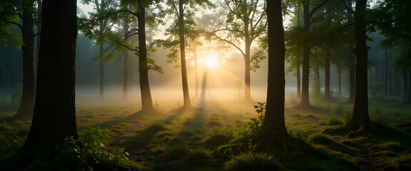 Obraz premium Sunlight shining through misty forest trees at sunrise, nature conservation