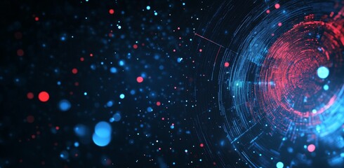 Obraz premium Featuring a glowing blue orbit with a hi-tech HUD and particles moving forward, the illustration represents the speed of digital data in the future.