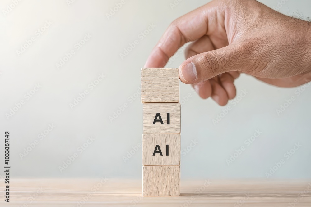Fototapete The AI technology concept shows a businessman stacking wooden blocks with AI tech icons for stock and solving problems or storing data. Big data management, automation, data storage.