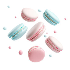 Delicate pastel macarons floating gracefully, showcasing their light texture and vibrant colors in a whimsical display.