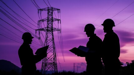 Silhouettes of Engineers Inspecting Power Lines