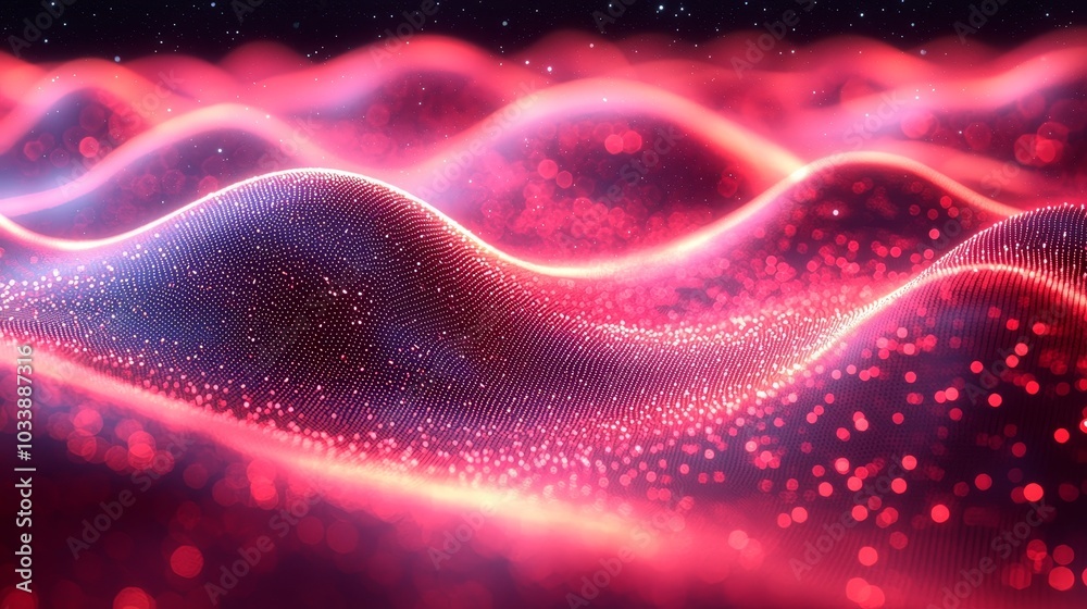 Aufkleber This abstract digital landscape features vibrant red waves, illuminated dots, and flowing lines, creating a futuristic and dynamic feel.