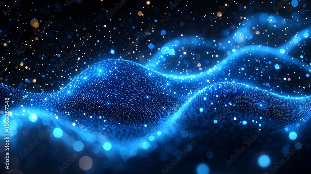 Poster visually enchanting abstract waves of light with glowing particles and dynamic lines.
