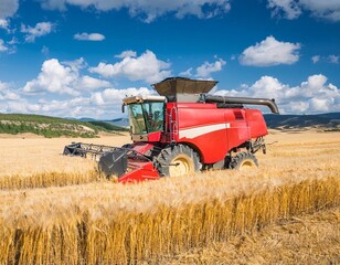 Obraz premium red harvester (combine harvester) operating in a large barley field. generative ai