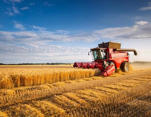Obraz premium red harvester (combine harvester) operating in a large barley field. generative ai