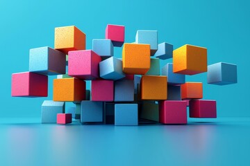 Obraz premium 3D Abstraction of Floating Geometric Shapes, showcasing a playful interaction in space with vibrant cubes and toruses.