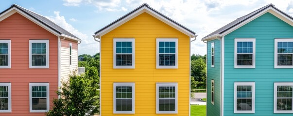 Obraz premium Three colorful houses with vibrant facades against a clear blue sky.
