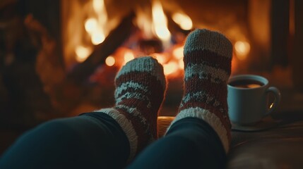 The feet of a woman in woollen socks warming up in a warm fire with a cup of hot drink and warming themselves up in woollen socks. Concept for Christmas and winter holidays.
