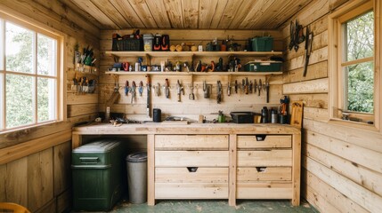 Wooden workshop interior with tools and organized storage, natural light through windows.