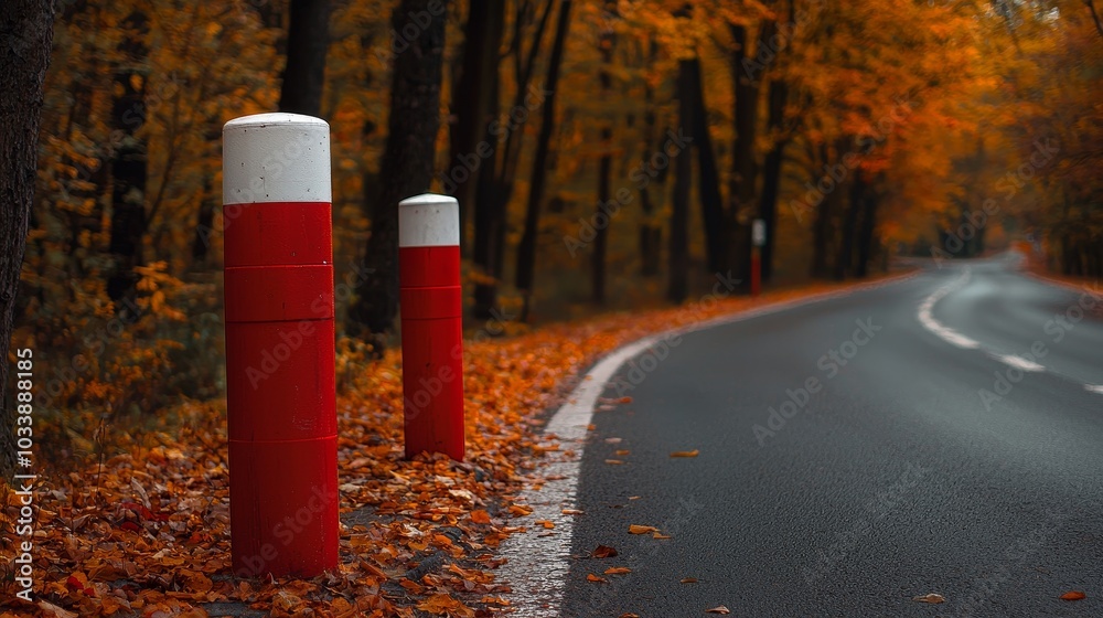 Poster the tarmac of a country road is marked with red-and-white road markers. next to the tarmac is a row 
