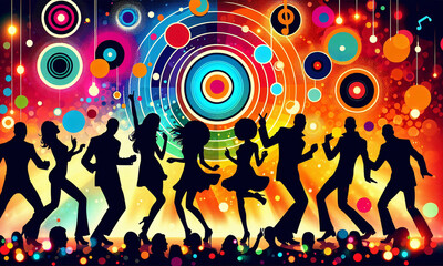 T&auml;nzer, auf der Tanzfl&auml;che, die zu lebhafter ausgelassen Musik tanzen, bunte B&uuml;hnenlichter, Schlagerparty, copy space