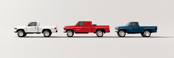 Various kinds of four-door pickup trucks, isolated on a grey background.