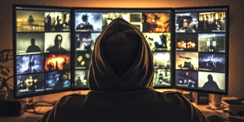 A person wearing a hoodie, hiding their face, while staring at a computer screen with multiple open tabs