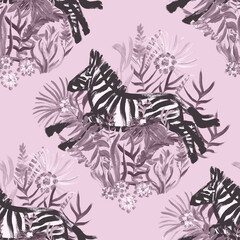 Seamless black and white pattern with running zebras and tropical flowers drawn in a painterly style for summer textiles and design