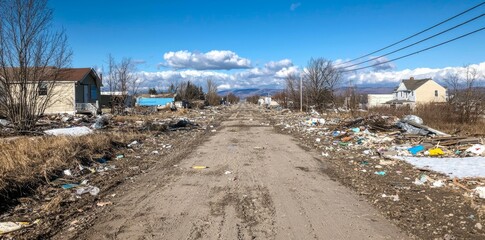 A street lined with debris, broken homes, and the aftermath of a storm, illustrating the power of nature and human perseverance.