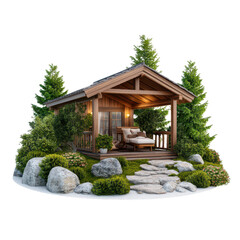 Obraz premium Elegant luxury garden pavilion nestled in the serene beauty of alpine mountains, perfect for relaxation and escape.
