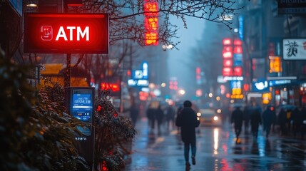 Obraz premium A rainy evening in an urban cityscape featuring a prominently lit ATM sign with blurred pedestrians and neon lights lining the streets in the background