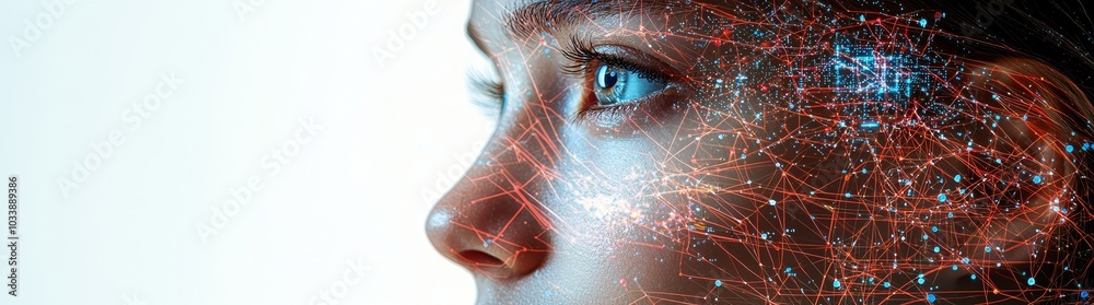 Aufkleber human eye with futuristic digital network overlay on face, symbolizing innovation and technology
