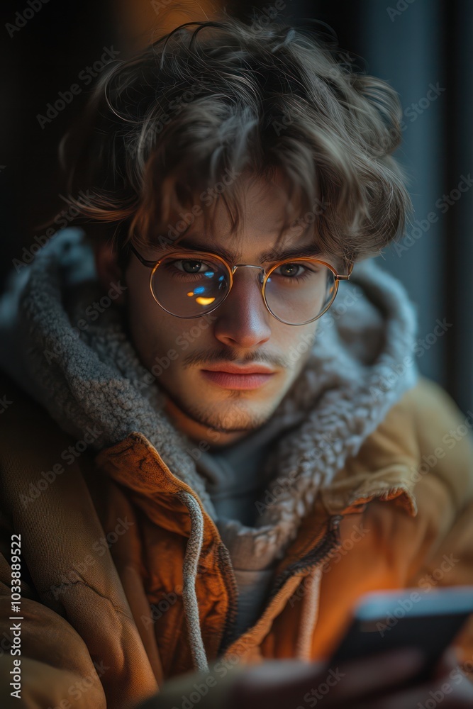 Poster a man with glasses is holding a cell phone and looking at it