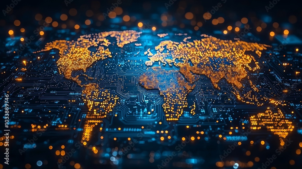 Poster This detailed map of the world includes detailed borders for all countries in blue colors with blockchain technology.