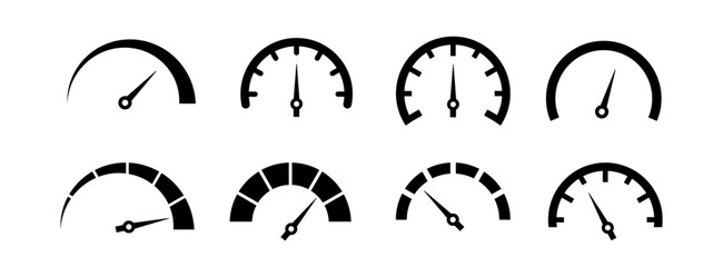 Risk meter icon set. Risk concept on speedometer. Set of gauges from low to high.  Vector illustration.