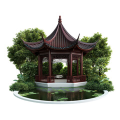 Elegant luxury garden pavilion in Chinese pagoda style with graceful curved architecture and serene surroundings.