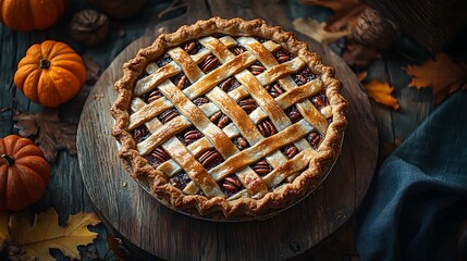 An overhead shot of a freshly baked pecan pie with a golden lattice crust, resting on a rustic wooden board with autumn d&eacute;cor surrounding it. The soft, warm lighting emphasizes the pie&rsquo;s rich texture.