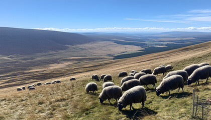 Fototapeta premium A flock of sheep graze on a hillside with a panoramic view of a valley and distant mountains on a sunny day.
