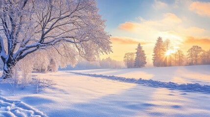 Obraz premium Over a snow-covered field, a beautiful winter sunrise greets you