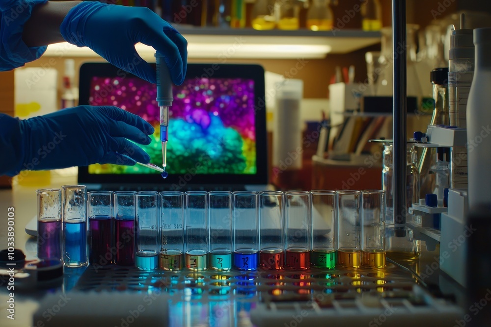 Poster in the genetics lab, an engineer is holding a tube and working on a laptop with a laptop computer