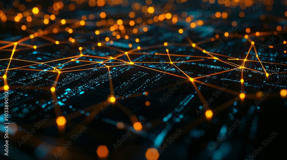 Poster transmitting data over the internet, digital background, and many glowing joints connected to three 