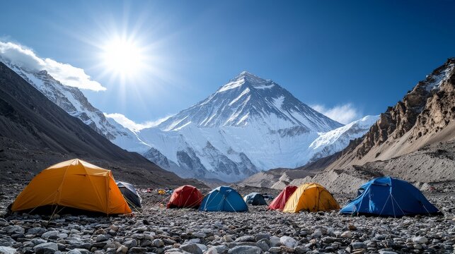 A view of Mount Everest from Base Camp, with colorful tents set up on the rocky terrain, as the massive, snow-covered peak looms in the background under bright sunlight