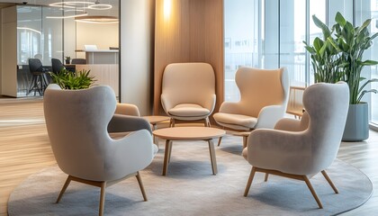 Fototapeta premium Modern Office Lounge with White Chairs and a Wooden Table