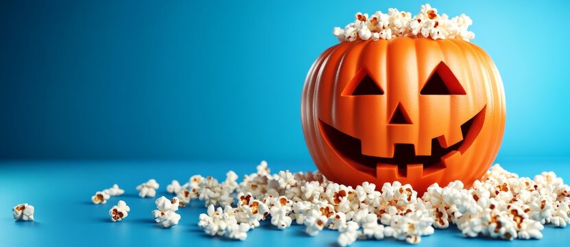 Creative banner with pumpkin popcorn and a blue background to add text and other elements. Copyspace image.