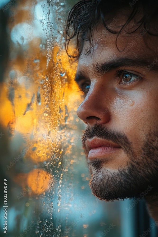 Poster a man with a beard and glasses looking out a window