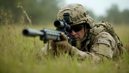 Fototapeta premium An army sniper lies low in the grass, carefully taking aim through a high-powered scope. The sniper's camouflaged gear blends seamlessly with the surrounding foliage
