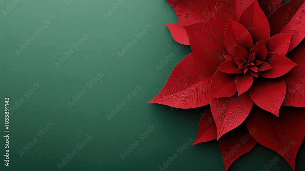 Fototapete paper cut style pattern of a red poinsettia flower with copy space on a green background for christm