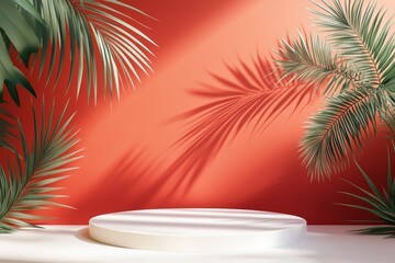 Fototapeta premium Summer sunny mockup with shadows from a palm tree on a pastel earthy orange background.