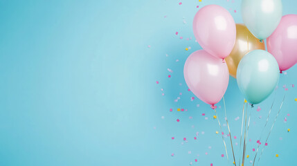 Fototapeta premium pastel party balloons with light confetti on blue sky background