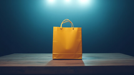 A single yellow shopping bag stands centered on a simple wooden table, against a plain white backdrop, brightly illuminated by studio lights, creating a vibrant and clean composition
