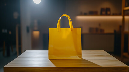 A single yellow shopping bag stands centered on a simple wooden table, against a plain white backdrop, brightly illuminated by studio lights, creating a vibrant and clean composition